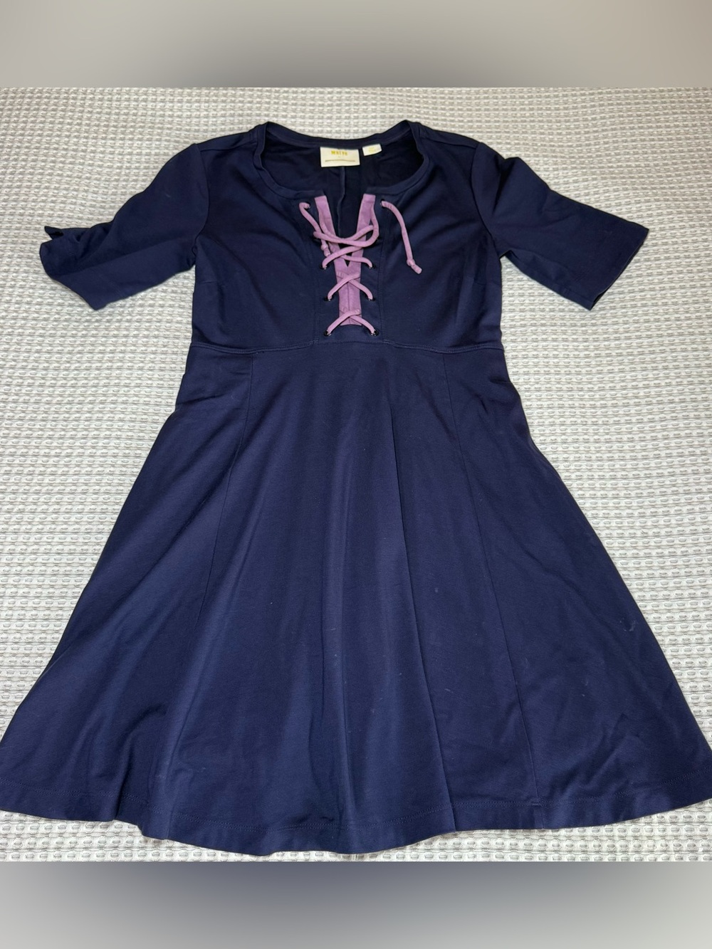 Maeve XSmall Mini Dress Navy Blue Lace Up Square Neck Pockets Skater Corset - Picture 2 of 8
